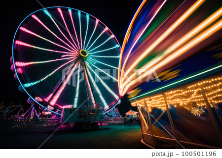 Ferris wheel at night with colorful lights. Generative AI 100501196