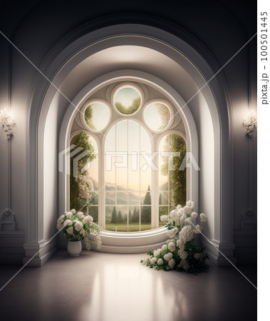 An empty room with an arched window and flowers. Generative AI 100501445
