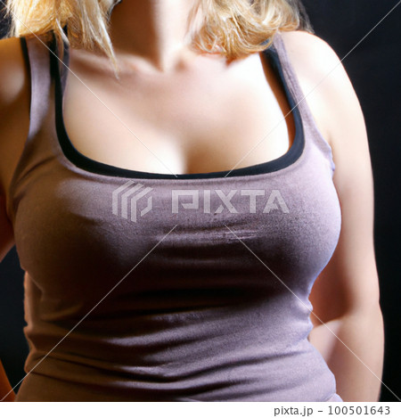 Young beautiful woman in a purple tank top with straps, bare shoulders and a beautiful decollete line, blonde hair. Female torso, hands. Advertisement for clothing, fitness. Diet and weight loss. 100501643