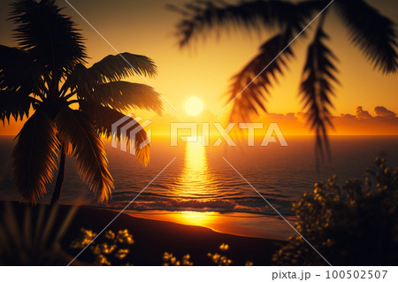Sunset over the ocean with palm tree in the foreground and body of water in the background. Generative AI Sunset over the ocean with palm tree in the foreground and body of water in the background. Generative AI 100502507