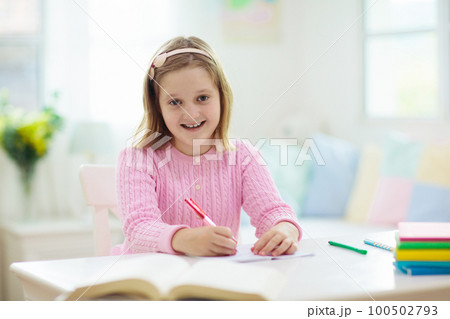 Online remote learning. School kids with computer. 100502793