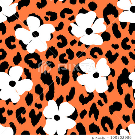 Abstract modern leopard seamless pattern with flowers. Animals trendy background. Floral vector stock illustration for print, card, postcard, fabric, textile. Modern ornament of stylized skin 100502986