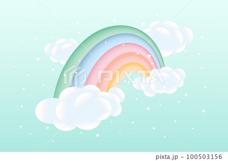3d baby shower, rainbow with clouds and stars on a light turquoise background, childish design in pastel colors. Background, wallpaper, illustration, vector. 100503156