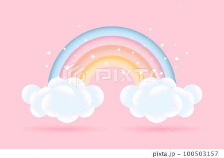 3d baby shower, rainbow with clouds and stars on a pink background, childish design in pastel colors. Background, illustration, vector. 100503157