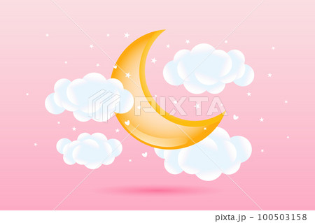3d baby shower, crescent moon with clouds and stars on pink background, childish design in pastel colors. Background, illustration, vector. 100503158