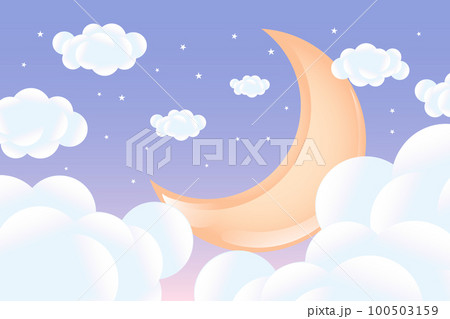 3d baby shower, growing moon with clouds on a soft blue background, childish design in pastel colors. Background, illustration, vector. 100503159