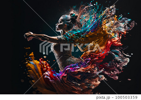 Woman in colorful dress is flying through the air with her arms spread out. Generative AI 100503359
