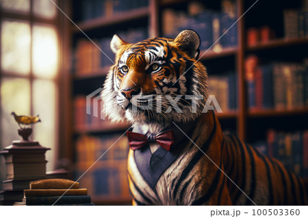 Fake tiger wearing suit and bow tie in front of bookshelf. Generative AI 100503360