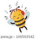 Funny bee music lover enjoys music. Cartoon bee cute character in flat style.  100503542