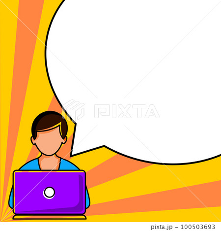 Man sitting at the table with laptop. Big white speech bubble for text overhead. Empty Dialog box on bright colored background. Vector drawing illustration. Man sitting at the table with laptop. Big white speech bubble for text overhead. Empty Dialog box on bright colored background. Vector drawing illustration. 100503693