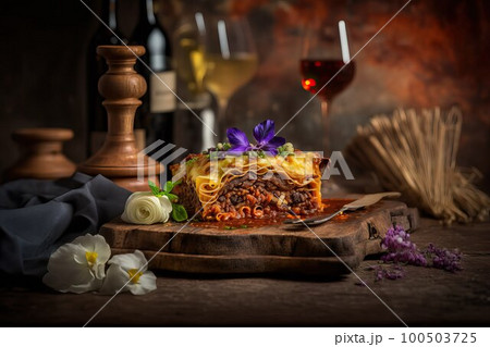 A piece of delicious hot lasagna on a dark background.  100503725