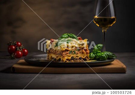 A piece of delicious hot lasagna on a dark background.  100503726