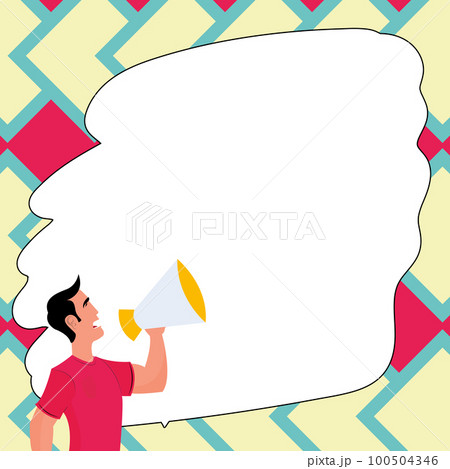 Man holding megaphone in hand and presenting important information. Big white dialog box with main message on bright background. Color vector illustration. 100504346