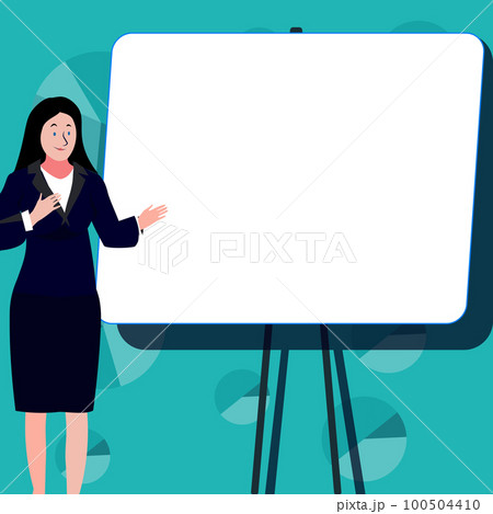 Woman in office presenting main message on the big white shcool board. Bright coloured illustration with main message. Empty place for important imformation. 100504410