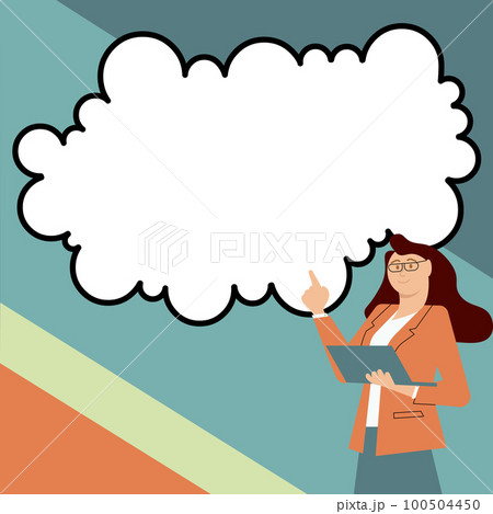 Woman in office uniform standing near school whiteboard presenting important information. Empty space for text. White speech bubble on bright colored background. Woman in office uniform standing near school whiteboard presenting important information. Empty space for text. White speech bubble on bright colored background. 100504450