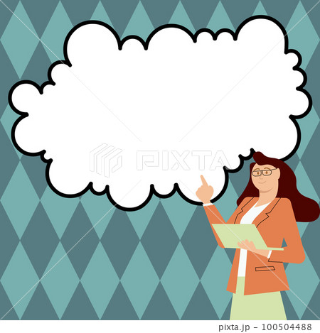 Woman in office uniform standing near school whiteboard presenting important information. Empty space for text. White speech bubble on bright colored background. 100504488