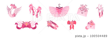 Ballet Accessories with Swan, Bow, Tutu Skirt, Flower and Pointe-shoes Vector Set 100504489