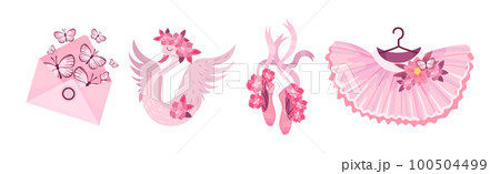 Ballet Accessories with Envelope, Swan, Tutu Skirt and Pointe-shoes Vector Set 100504499