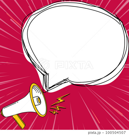 Megaphone presenting important information and brand new agenda. Big white speech bubble for text on bright colored background. Vector drawing illustration. 100504507