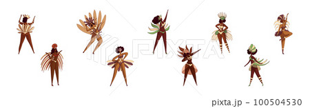 Brazilian Dark Skinned Samba Dancer in Feathered Costume Vector Set Brazilian Dark Skinned Samba Dancer in Feathered Costume Vector Set 100504530