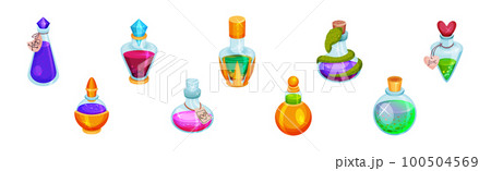 Corked Glass Jars with Magic Liquid Potion Vector Set 100504569