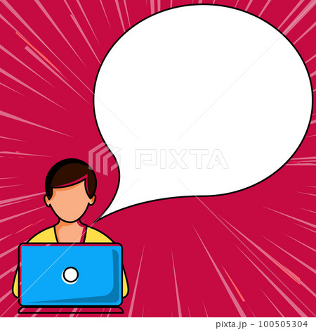 Man sitting at the table with laptop. Big white speech bubble for text overhead. Empty Dialog box on bright colored background. Vector drawing illustration. Man sitting at the table with laptop. Big white speech bubble for text overhead. Empty Dialog box on bright colored background. Vector drawing illustration. 100505304