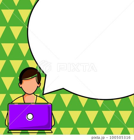 Man sitting at the table with laptop. Big white speech bubble for text overhead. Empty Dialog box on bright colored background. Vector drawing illustration. Man sitting at the table with laptop. Big white speech bubble for text overhead. Empty Dialog box on bright colored background. Vector drawing illustration. 100505316