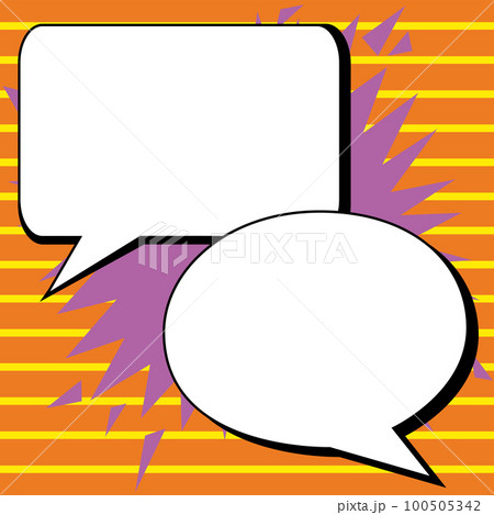Two big white empty speech bubbles for text. Square and oval dialog boxes on bright colored background. Comic funny style cartoon. Vector illustration. 100505342