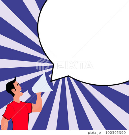 Man holding megaphone in hand and presenting important information. Big white dialog box with main message on bright background. Color vector illustration. 100505390