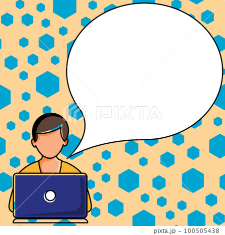 Man sitting at the table with laptop. Big white speech bubble for text overhead. Empty Dialog box on bright colored background. Vector drawing illustration. Man sitting at the table with laptop. Big white speech bubble for text overhead. Empty Dialog box on bright colored background. Vector drawing illustration. 100505438