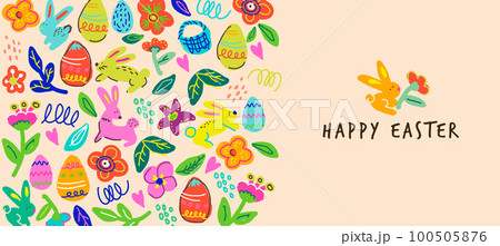 Happy easter colorful hand drawn doodle banner illustration 100505876