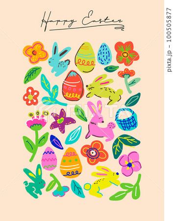 Happy easter colorful hand drawn doodle poster illustration in flat style Happy easter colorful hand drawn doodle poster illustration in flat style 100505877