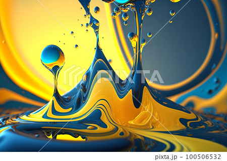 Abstract background with oil drops on water, yellow with blue. Generative AI. 100506532