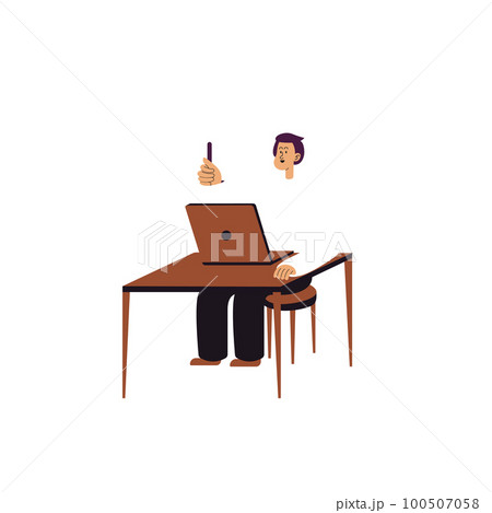 Laptop with important information on the screen. Man typing main message. People whatching on monitor. Single bright colored object on white background. 100507058