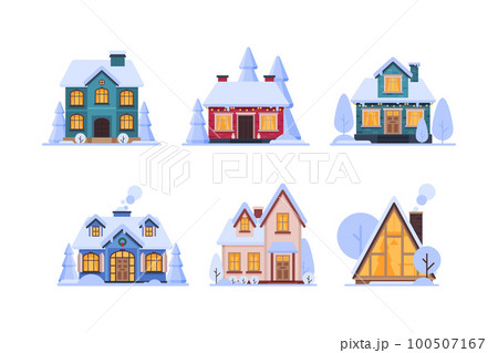 Country House in Winter Season with Chimney and Roof Covered with White Snow Vector Set Country House in Winter Season with Chimney and Roof Covered with White Snow Vector Set 100507167