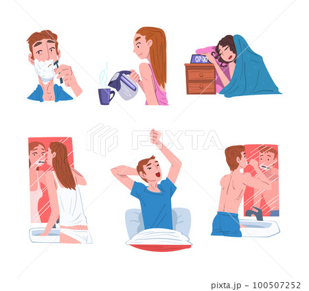 Young Man and Woman Engaged in Daily Routine Activity Vector Set Young Man and Woman Engaged in Daily Routine Activity Vector Set 100507252