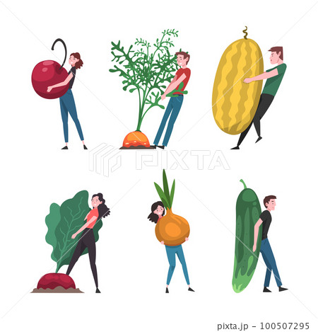 Man and Woman Carrying Huge Fruit and Vegetable Vector Set 100507295