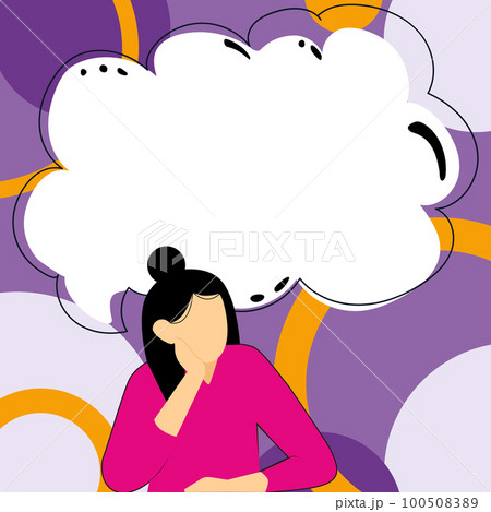 Bright color vector illustration. Girl sitting at the table and thinking about current news. Big white speech bubble presenting important information. Bright color vector illustration. Girl sitting at the table and thinking about current news. Big white speech bubble presenting important information. 100508389