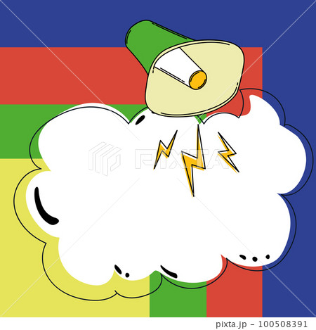 Megaphone presenting important information and brand new agenda. Big white speech bubble for text on bright colored background. Vector drawing illustration. 100508391