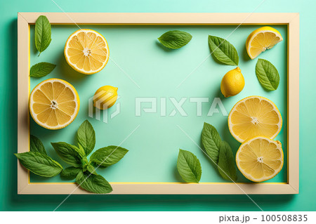 Lemons on mint background with place for text. Illustration AI Generative 100508835