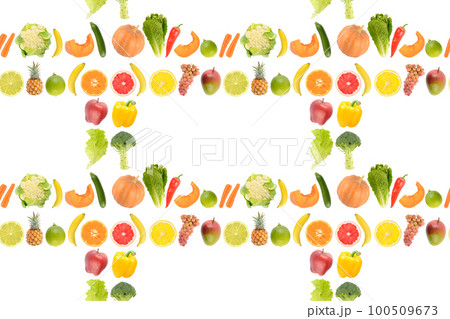 Seamless pattern of fresh juicy vegetables and fruits useful for health isolated on white 100509673