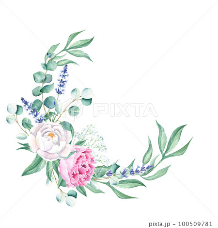 Watercolor peonies, eucalyptus, lavender and gypsophila branches wreath isolated on white background. Hand drawn botanical illustration. For wedding invitations, save the date, greeting card, logos 100509781