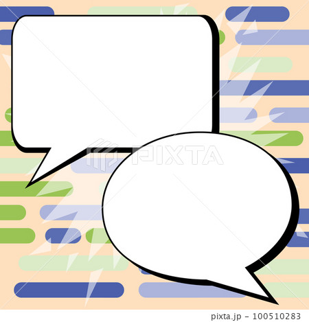 Two big white empty speech bubbles for text. Square and oval dialog boxes on bright colored background. Comic funny style cartoon. Vector illustration. Two big white empty speech bubbles for text. Square and oval dialog boxes on bright colored background. Comic funny style cartoon. Vector illustration. 100510283