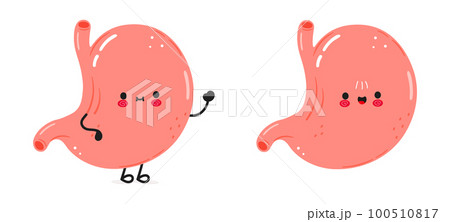 Cute funny stomach waving hand character. Vector hand drawn cartoon kawaii character illustration icon. Isolated on white background. Stomach character concept 100510817