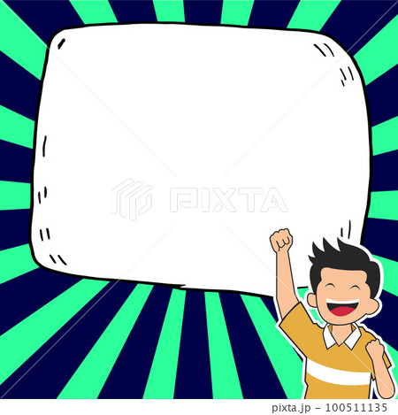 Young happy boy presenting important information and brand new agenda. Big white speech bubble for text on bright colored background. Vector drawing illustration. 100511135