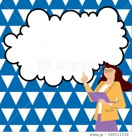 Woman in office uniform standing near school whiteboard presenting important information. Empty space for text. White speech bubble on bright colored background. 100511138