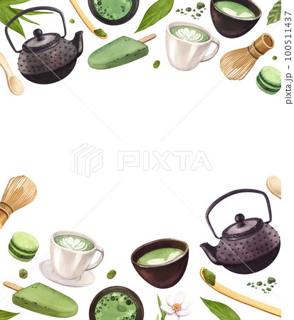 Watercolor frame with green tea matcha. Japanese tea ceremony hand-drawn illustration isolated on white background. Perfect food menu, concept for cafe, restaurant element, recipe book, cooking. 100511437