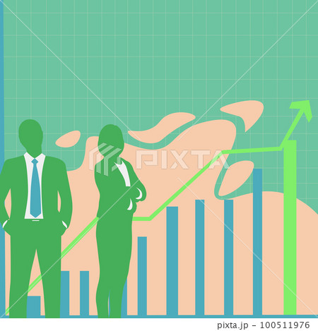 Businessman and Businesswoman standing near Graph Which Points On Arrow Up And Presenting Crutial Ideas. People watching on diagram, discussing important information. 100511976