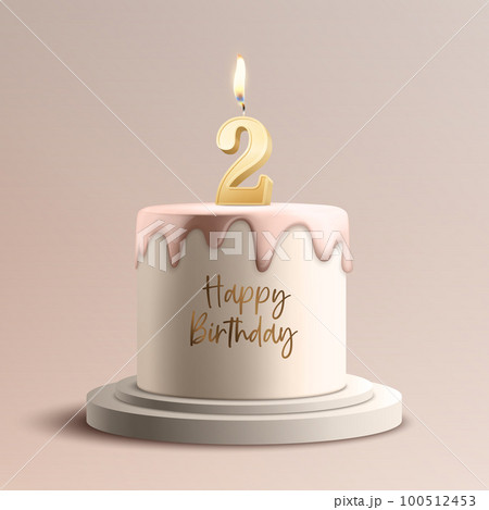 One Year. Vector Birthday Anniversary Sweet Cake. Greeting Card, Banner with 3d Realistic Burning Golden Birthday Party Candle, Number, Flame. Icon Design Template for Birthday Concept. Front View One Year. Vector Birthday Anniversary Sweet Cake. Greeting Card, Banner with 3d Realistic Burning Golden Birthday Party Candle, Number, Flame. Icon Design Template for Birthday Concept. Front View 100512453