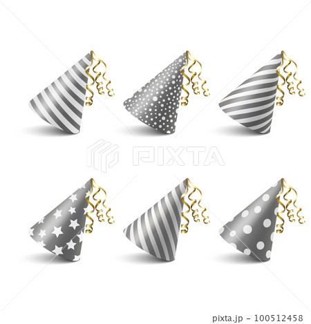 Vector 3d Realistic Gray and White Birthday Party Hat Icon Set Isolated on White Background. Party Cap Design Template for Party Banner, Greeting Card. Holiday Hats, Cone Shape, Front View 100512458